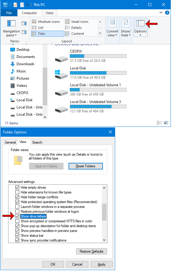 Show or hide Drive Letters Back in Windows 