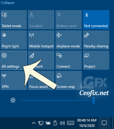 Open Settings app from the Action Center