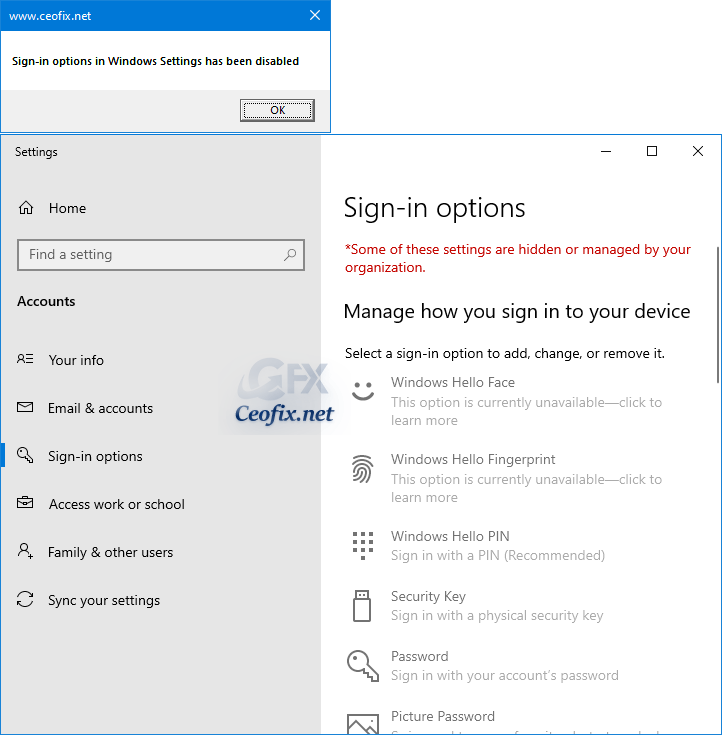 Sign-in options in Windows Settings has been disabled