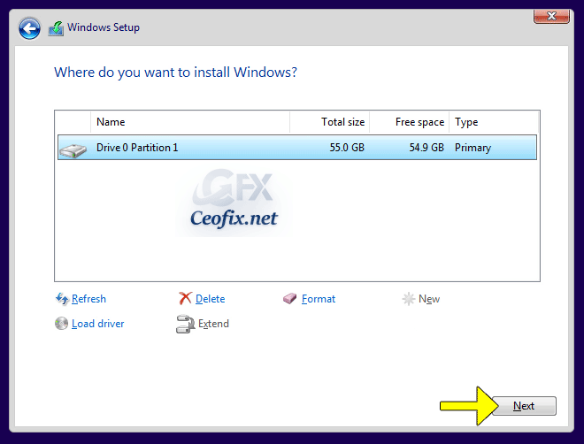Wİndows install- Select drive partition