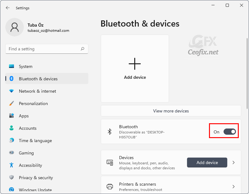 bluetooth Windows Settings: