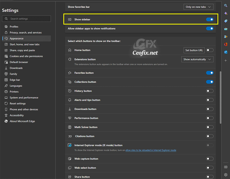 Edge “Appearance” settings page